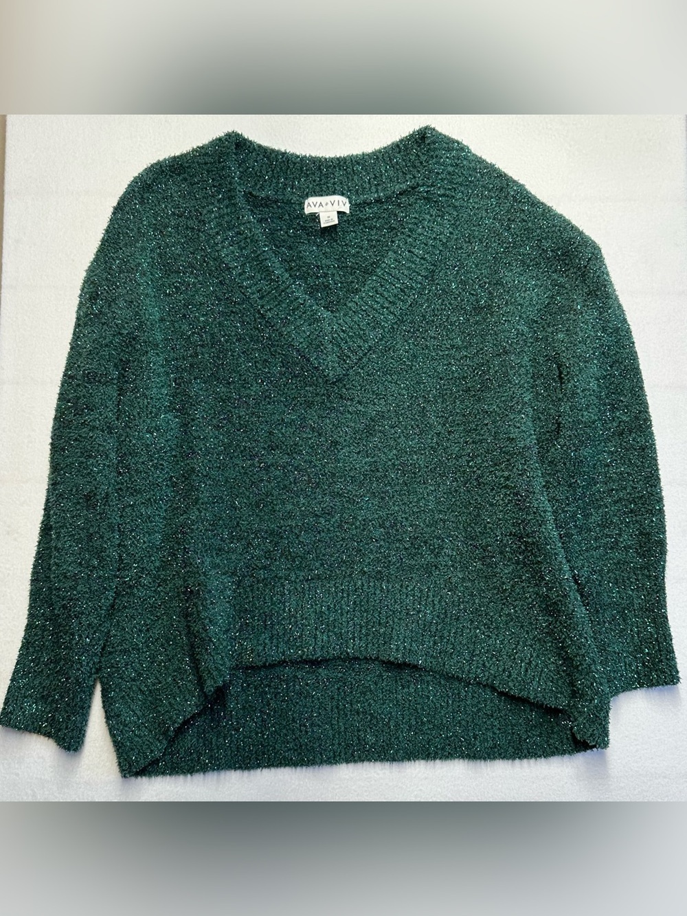 AVA + VIV Metallic Green Textured V‑Neck Sweater – Size 1X – P2P 27”